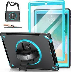 Case for iPad Pro 12.9 2nd Generation 2017& 2015 1st Generation, Heavy Duty Rugged TPU Protective Cover with Screen Protector- Stand + Handle Hand & Shoulder Strap + Pencil Holder- Mint Green