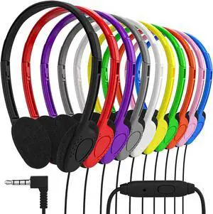 Maeline Bulk On Ear Student Headphones with Microphone for Library, School, Classroom, Airplane, Kids Online Learning and Travel, 3.5 mm Headphone Plug - 20 Pack - Multi Color