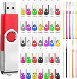 50 Pack USB Flash Drives Bulk with Lanyards USB 2.0 Thumb Drive Swivel Storage Flash Pack Bulk with LED Light for Data Storage Backup, 10 Colors