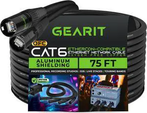 GearIT CAT6 Shielded EtherCON-Compatible Cable, (75 Feet) RJ45 Connectors for Pro Audio, Aluminum Shielded, Oxygen Free Copper - 75 ft. - Black