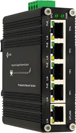 StarRoute Industrial Passive 24V 5 Ports PoE Switch, 10/100/1000Mbps, Black, DIN Rail Mount, AUTO, 12-24V Input 24V Output