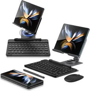SHIEID Galaxy Z Fold 7 360deg Rotating POS Tablet Stand, Zip Pull-Out, Integrated Folding Design Set with Folding Bracket, Keyboard, Mouse, Capacitor Pen-Compatible with Galaxy Z Fold7//6/5/4/3, Grey