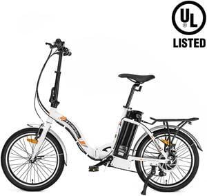 Ecotric UL Certified 36V 350W 20inch white Starfish portable and folding electric bicycle for teenagers and adults, Shimano 7-speed, dry cell front light