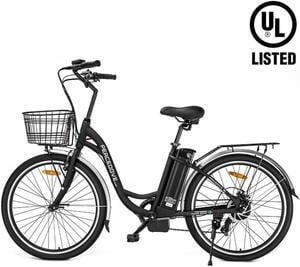 Ecotric 36V 10AH 350W 26inch black Peacedove Commute Step-Through electric city bicycle with basket, Shimano 7-speed and rear rack