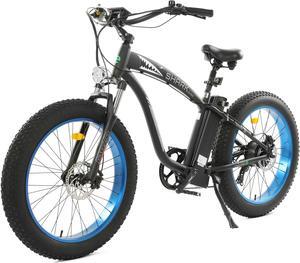 Ecotric UL Certified 48V 13AH 750W blue Hammer Electric Fat Tire Beach Snow Bicycle with front light, hydraulic disc brakes, hydraulic front suspension fork, Shimano 7-speed and LCD display