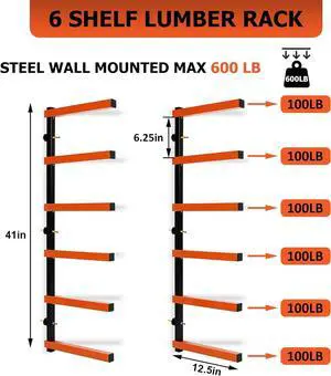 Ecotric Lumber Rack Wall Mount Wood Organizer Lumber Organizer - Heavy Duty Metal 6 Levels Shelf Lumber Storage Rack Max 600 Lb (1 Pack)