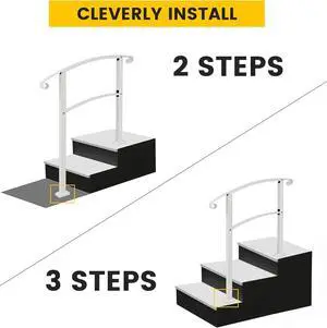 Ecotric 3FT Step Hand Rail for Outdoor Steps Compatible with 2-3 Steps Adjustable Steel Handrails Outdoor Railing for Stairs White Powder Coated Heavy Duty