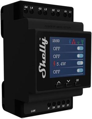 Shelly Pro 4 PM. Professional 4-channels DIN rail smart relay up to 40A with power metering. Wi-Fi, LAN, and Bluetooth connection