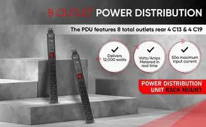 Valiant Power, Surge Protection, Metered, Rack Mount PDU, Basic 208-230-240-250v/50a, L6-50P Input, (4-C13 & 4C19) Outlets, 1U Vertical Rackmount (C13) 3 Year Warranty 12,000 Watts Crypto Mining