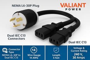 Valiant Power 240V 30A Power Cord  L6-30P to Dual C13 6ft, 12AWG Y Splitter  Heavy-Duty Mining