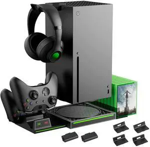 Vertical Stand Compatible with Xbox Series X Console, Dual Charging Station with 2 Rechargeable Battery for Xbox Series X Controller, with 10 Game Card Slot and Headphones Holder & 4 Cover