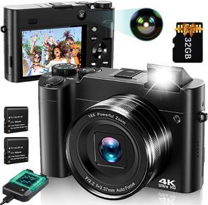 Digital Camera 4K Ultra HD 64MP Vlog Dual Camera for Youtube with 32GB Card,16x Zoom Autofocus Video for Photography