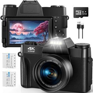 Digital Camera for Youtube 4K Video Camera 56MP Vlogging Camera Camcorder with 32GB SD Card and 2 Batteries