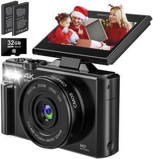 Digital Camera 4K 64MP Vlogging Camera for YouTube Auto-Focus 18X Zoom 3" 180° Flip Screen Compact Video Camera with 32GB Card