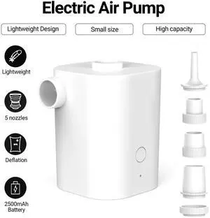 2500mAh Battery Rechargeable Electric Air Pump with 5 Nozzles Quickly Inflation/Deflation Portable Swimming Rings Air Mattress Pump for Outdoor