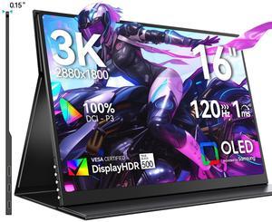 UPERFECT 16" OLED Portable Monitor - 3K 2880x1800, 120Hz, 0.1ms, 500 Nits, 100% DCI-P3, 100000:1 Contrast, Ultra-Slim Design for Laptops, Mini PCs, Phones, Game Consoles