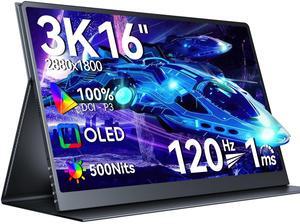 UPERFECT OLED Portable Monitor 16", 3K 2880x1800 120Hz 0.1ms Portable Gaming Display 500 Nits Brightness| 100000:1 Contrast| 100% DCI-P3| Ultra-Slim Travel Monitor for Laptop PC Phone Game Consoles