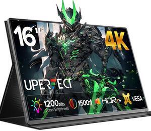 UPERFECT 16" 4K Ultra HD Portable Monitor - 1200nits, 100% sRGB, 1500:1 Contrast, IPS Panel, 4K 3840x2400 Gaming Monitor USB-C, Game & Multi-Device Compatible for Laptops, Mini PCs, Phones