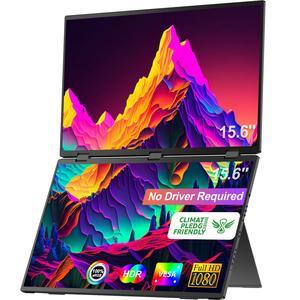 UPERFECT 15.6" 1080P Dual Portable Monitor, Fold Gaming Monitor Portable Display For Laptop Screen Extender Bult-in Stand (No Driver Needed)
