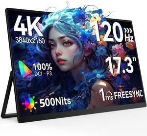 UPERFECT 17.3" 4K 120Hz Portable Gaming Monitor, 3840x2160 UHD, 500 Nits HDR, 0.1ms Fast IPS, 100% DCI-P3, USB-C/HDMI, VESA Mount, Kickstand Included, for Laptop PC PS5 Xbox Switch