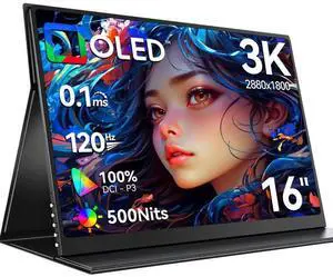 UPERFECT 16" OLED Portable Monitor - 3K 2880x1800, 120Hz, 0.1ms, 500 Nits, 100% DCI-P3, 100000:1 Contrast, Ultra-Slim Design for Laptops, Mini PCs, Phones, Game Consoles