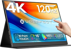 UPERFECT 16" 4K QLED Gaming Portable Touchscreen Monitor, 3840x2400 120Hz 0.1ms FreeSync, 145% sRGB 600 Nits HDR, 2000:1, 16:10, USB-C/Mini HDMI, VESA 75x75mm UPERFECT 16" 4K QLED Gaming Portable Touchscreen Monitor, 3840x2400 120Hz 0.1ms FreeSync, 145% sRGB 600 Nits HDR, 2000:1, 16:10, USB-C/Mini HDMI, VESA 75x75mm