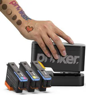 Prinker S Temporary Tattoo Device Package for Your Instant Custom Temporary Tattoos with Premium Cosmetic Full Color + Black Ink - Compatible w/iOS & Android devices