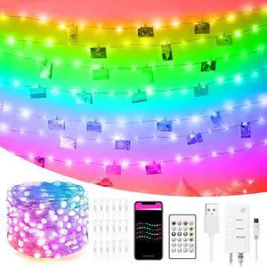 RGB String Lights with Clips 66 LED Photo Clips String Lights 24keys Fairy Lights For Pictures Bedroom Wall Patio Halloween Thanksgiving Christmas Party Wedding Decor