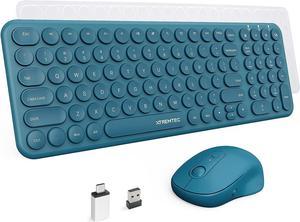 Wireless Keyboard and Mouse, XTREMTEC Compact Full Size Cute Keyboard Retro Round Keycap - 2.4GHz Ultra-Slim Quiet Aesthetic Keyboard for Laptop iMac Windows Computer (Teal-Blue)