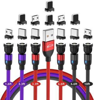 540° Rotation Magnetic Charging Cable, NESTELLE 3 in 1 Magnetic Phone Charger Cord Wire, Compatible with All Phone Micro USB, Type C, Smartphone, 6 Pack Multicolored Cable, 1.6ft 3.3ft 6.6ft 10ft