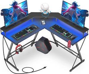 Mr IRONSTONE Gaming Desk with Led Lights Power Outlet, L Shaped Computer Corner Desk with Cup Holder  Headphone Hook, Carbon Fiber Home Office Desk with Large Monitor Stand, Black, 50''