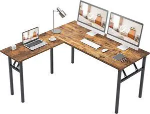 DlandHome L-Shaped Folding Computer Desk 52.2 inches and 54.7 inches Left and Right Adjustable Half-Installed Home Office Workstation Corner Table,Brown + Black