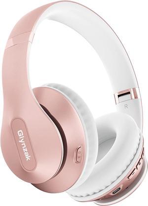 Wireless Bluetooth Headphones Over Ear Glynzak 65H Playtime HiFi Stereo Headset with Microphone and 6EQ Modes Foldable Bluetooth V5.3 Headphones for Travel Smartphone Computer Laptop Rose Gold