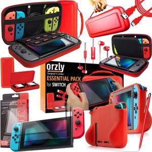 Orzly Switch Accessories Bundle  Carry Case for Nintendo Switch Console (NOT OLED MODEL) Tempered Glass Screen Protectors, USB Charging Cable, Switch Games Case, Comfort Grip Case & Headphones - RED