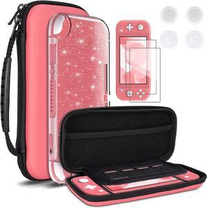 DLseego Carrying Case for Nintendo Switch lite, Newest Design Portable Travel Carrying Case 4 in 1 Accessories Kit with 1 Pcs Glitter case, 2 Pcs Screen Protectors and 4 PcsThumb Grips Caps - Pink