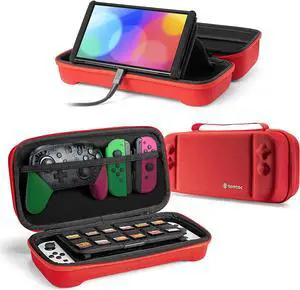tomtoc Carrying Case for Nintendo Switch/OLED Model, Large Travel Switch Case with Pocket for Joy-con Grip, AC Adapter, Protective Portable Carry Case with 24 Game Cartridges and Stand, Red