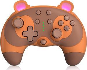 Wireless Controller for Nintendo Switch, PowerLead Cute Raccoon Animal Pro Gamepad for Nintendo Switch with 6 Axis/Turbo/Motion Control/Wake-up Function, Adjustable Vibration Brown