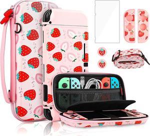 FANPL Pink Carry Case Bundle for Nintendo Switch, Cute Case Accessories Set for Switch with Hard Travel Case, Soft TPU cover, Adjustable Strap, Screen Protector, Thumb Grip Caps (Cute Pink Strawberry)