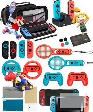 Ultimate Accessories Bundle for Nintendo Switch - 21 in 1 Essential Kit including (Tempered Glass Screen Protector, Travel Carrying Case, Joy Con Charging Dock Station, Grip, and more)