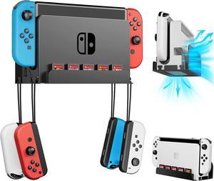 Wiilkac Wall Mount for Switch and Switch OLED, Metal Wall Mount Kit with 5 Game Cards Slots and 4 Joy Con Hooks, Back Airflow Gap Design, Safely Store Your Switch Console Near or Behind TV (Black)