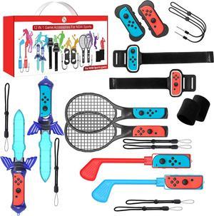 Switch Sports Accessories Bundle  Nargos 12 in 1 Kit for Switch  Switch OLED Joy Con Grips for Mario Golf Super Rush Wrist Dance Bands  Leg Straps Comfortable Grip Case and Tennis Rackets