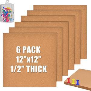 YCCYYCCY 12"x12" (30.5 X 30.5cm) Self-Adhesive Cork Borad, 1/2" (12mm)Thick Cork Boards for Walls, 6 Pack Bulletin Board with 50 Push Pins, Cork Board Tiles for Office, Home, School(12mm,6P,CA)