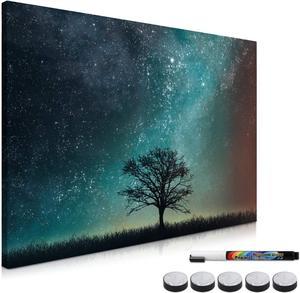 Navaris Magnetic Dry Erase Board - 16 x 24 inches Decorative White Board for Wall with Design, Includes 5 Magnets and Marker - Starry Sky and Tree