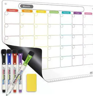 Dry Erase Calendar Magnetic Board - Monthly Planner Dry Erase Boards Fridge Calendar Whiteboard with Thickened Magnet - with Fine Point Markers & Eraser & Holes for Wall Hanging
