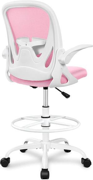 Drafting Chair Primy Tall Office Chair with Flip-up Armrests Executive Ergonomic Computer Standing Desk Chair with Adjustable Footrest Ring and Lumbar Support (Pink)