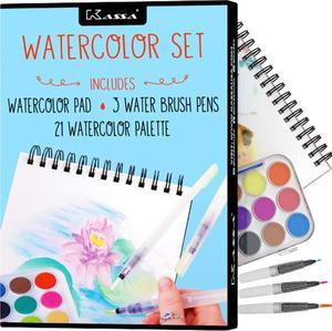 Kassa Beginner Watercolor Set - Bundle Includes Water Brush Pens (3 Assorted Sizes), Painting Pad (30 Sheets) & Paint Pan (21 Watercolors) - Watercolour Art Supplies Starter Kit for Kids & Adults