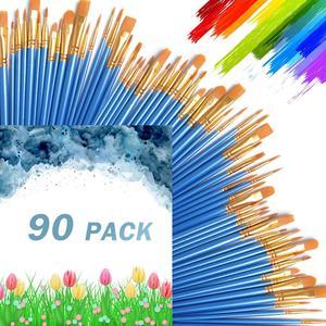 DECYOOL Acrylic Paint Brush Set,9 Packs / 90 pcs Nylon Hair Brushes for All Purpose Oil Watercolor PaintingMiniature Detail Painting Artist Professional Painting Kits