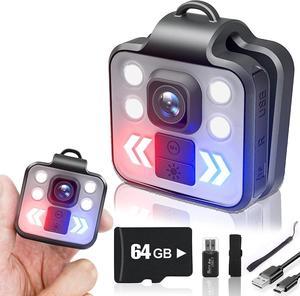 Body Camera 1080P Mini Outdoor Sports Security Wireless Wearable Video Recorder, 3 LED Modes Flashlight HeadLamp Waterproof Cam, Built-in 64GB Memory Card, Suit to Child Pet Cop Home All Day Record