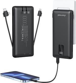 Portable Charger with Built-in Cables, Charmast 10000mah Power Bank, 5 Output Ultra Slim LED Display, Built-in AC Plug, USB C & Micro, Three Cables Integrated Battery Pack for iPhone Samsung iPad