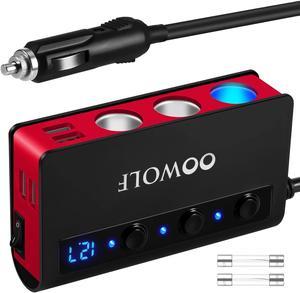 OOWOLF 7 in 1 Car Charger, 3-Socket 180W Cigarette Lighter Adapter for DC 12V/24V Car, 4USB Ports with Quick Charge 3.0 Power Car Splitter for GPS, Dash Cam, Sat Nav, Phone, Tablet, Black-Red